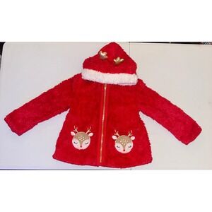Little Lass Reindeer Faux Fur Hoodie Girls Size 5 Red Christmas Holiday Jacket